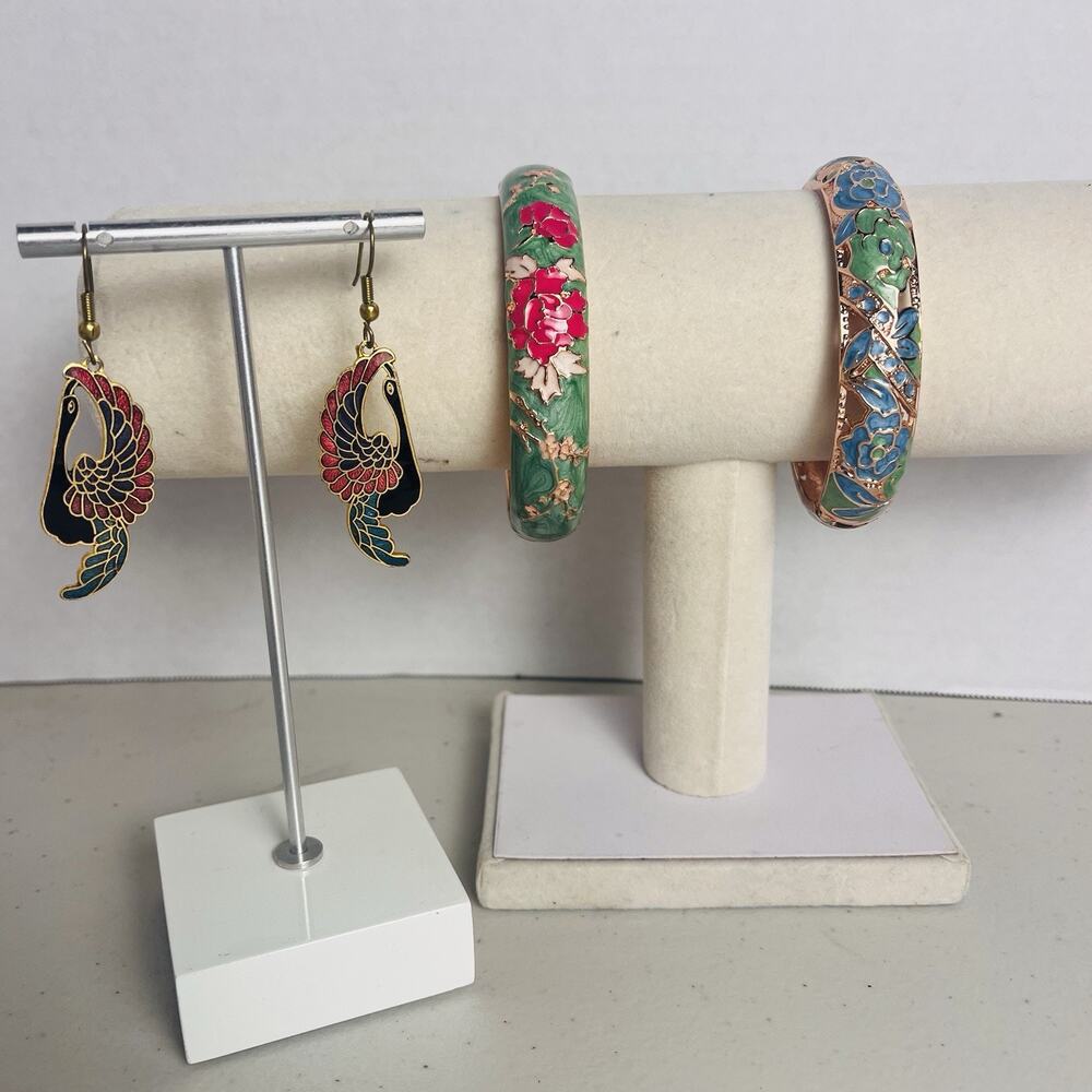 Cloisonne Clamper Bangle Bracelet & Peacock Earrings Enamel Chinese Style Lot